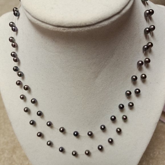 Floating double strand pearl necklace tahitian genuine sterling silver clasp - Picture 10 of 11